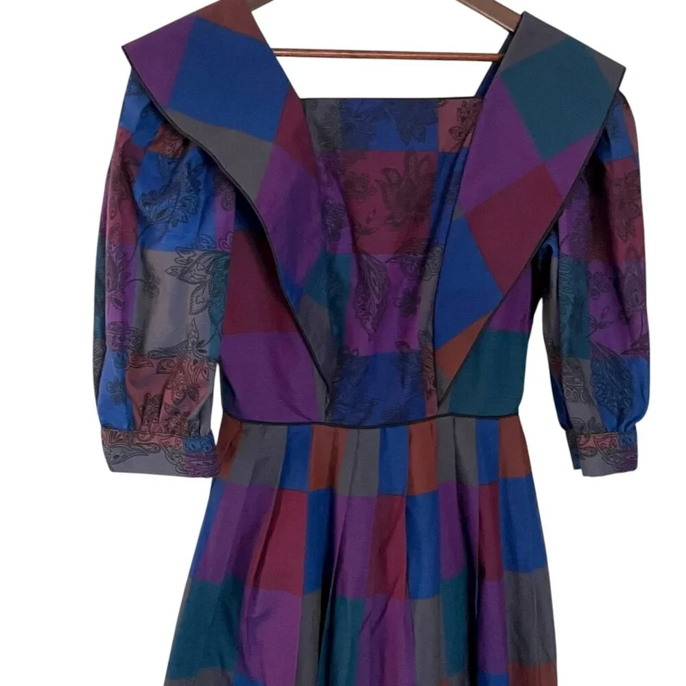 Vintage 80s Plaza South Sailor Midi Dress Medium M Patchwork Plaid Puff Sleeves - Picture 1 of 4